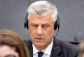 Former Kosovo president Hashim Thaci, left, appears before the Kosovo Tribunal as he defends himself against charges including murder, torture and persecution allegedly committed during his country's war for independence from Serbia in the Hague, Monday, April 3, 2023. The trial of Kosovo's ex-president and three other former high-ranking members of the Kosovo Liberation Army charged with war crimes and crimes against humanity opens Monday. (Koen van Weel/Pool via AP)  LGK101